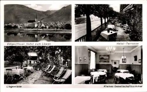 Ak Ediger Eller an der Mosel, Hotel zum Löwen, Terrasse, Liegewiese, Gesellschaftszimmer