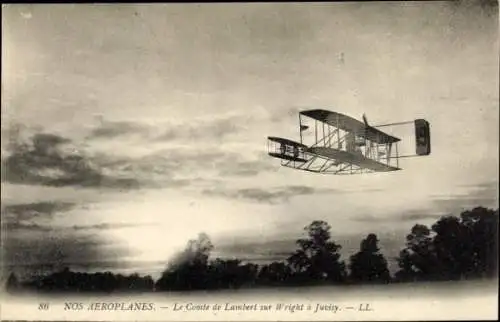 Ak Nos Airplanes, Le Comte de Lambert sur Wright a Juvisy, Doppeldecker