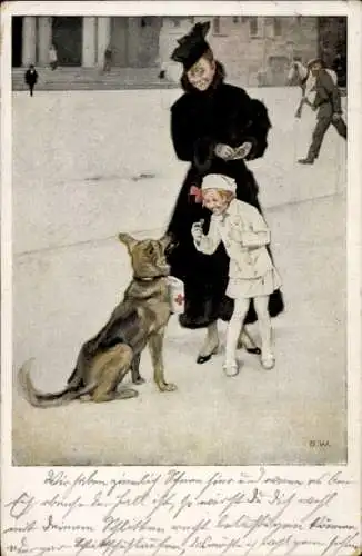 Künstler Ak Wennerberg, Bruno, Fürs Rote Kreuz, Schäferhund, Frau, Mädchen