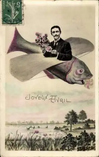 Ak 1. April, Mann in einem Fisch als Flugzeug, Fotomontage