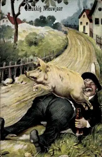 Ak Glückwunsch Neujahr, Schwein springt über einen betrunkenen Mann