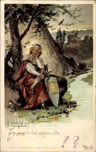 Künstler Litho Döcker, E., Mann mit Schild an einem Flussufer