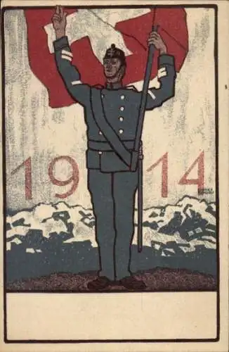 Künstler Ak Schweizer Soldat mit Landesflagge, 1914
