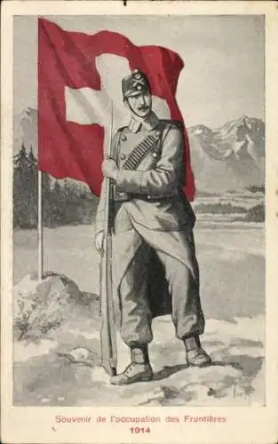 Ak Schweizer Soldat mit Fahne, Grenzbesetzung 1914