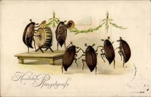 Präge Ak Glückwunsch Pfingsten, Musizierende Maikäfer, Trommel