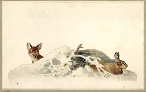 Ak Fuchs und Hase, Jagd, Werbung, Ronnefeldt's Thee