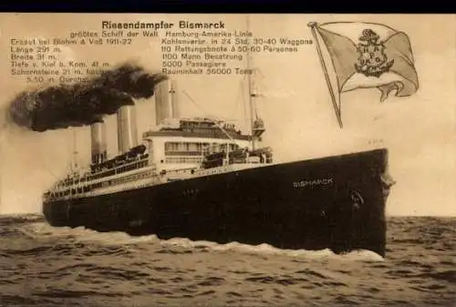 Ak Riesendampfschiff Bismarck, HAPAG, Reedereifahne