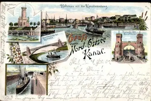 Litho Holtenau Kiel in Schleswig Holstein, Nord Ostsee Kanal, Hochbrücke, Leuchtturm, Schleuse