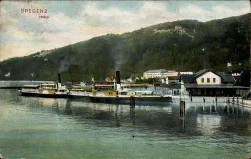 Ak Bregenz am Bodensee Vorarlberg, Hafen, Dampfer