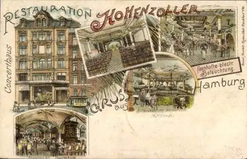 Litho Hamburg Mitte Altstadt, Restaurant Hohenzoller, Billard, Konzertsaal