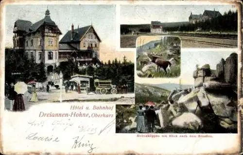 Ak Drei Annen Hohne Wernigerode Harz, Hotel, Bahnhof, Hohneklippen mit Brocken, Kutsche, Hirsch