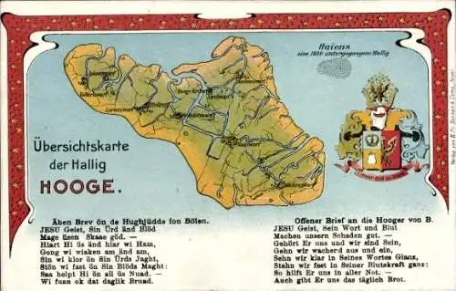 Landkarten Ak Hallig Hooge in Nordfriesland, Übersichtskarte der Hallig, Wappen, Reim