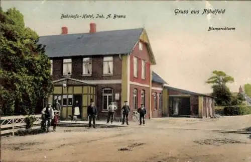 Ak Nübelfeld Quern in Schleswig Holstein, Bahnhofshotel, Inh. A. Brems, Bismarckturm