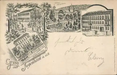 Litho Jugenheim an der Bergstraße Hessen, Schloss Heiligenberg, Hotel zur Krone, Alexander Bad
