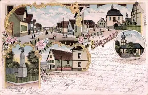 Litho Bürstadt in Hessen, Kirche, Gemeindehaus, Krieges, Wirtschaft Schützenhof