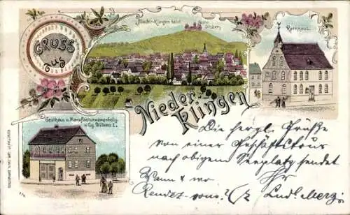 Litho Nieder Klingen Otzberg Odenwald, Rathaus, Gasthaus, Totalansicht