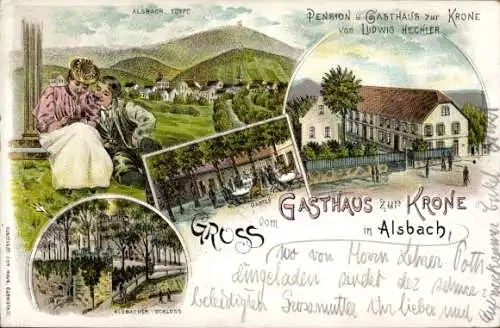 Litho Alsbach Hähnlein Hessen, Pension und Gasthaus zur Krone, Totalansicht