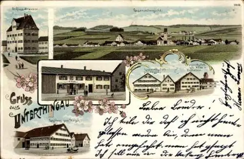 Litho Unterthingau im Allgäu, Gastwirtschaft zum Rössle, Schloss-Brauerei, Gasthaus zum Hirsch