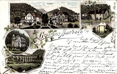 Litho Marbach Erbach im Odenwaldkreis Hessen, Schneidemühle, Beerfelden Galgen, Himbächel Viadukt