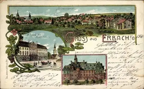 Litho Erbach im Odenwald Hessen, Kreisamtsgebäude, Schloss, Marktplatz, Totalansicht