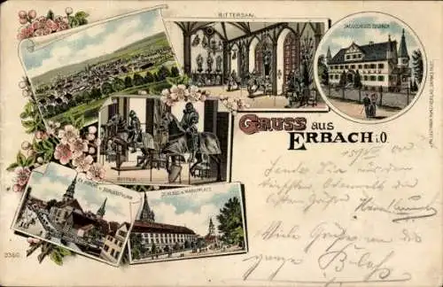 Litho Erbach im Odenwaldkreis Hessen, Jagdschloss Eulbach, Ritter, Marktplatz