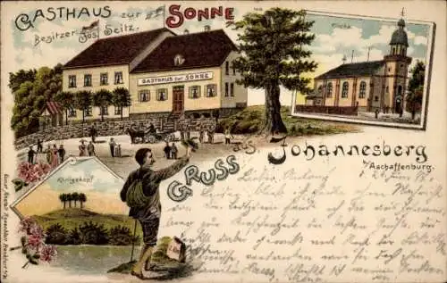 Litho Johannesberg im Spessart Unterfranken, Gasthaus zur Sonne, Königskopf, Kirche