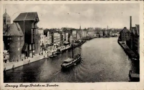 Ak Danzig, Lange Brücke, Krantor, Dampfer, Ufer