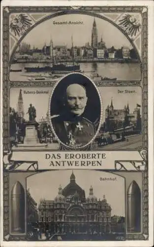 Ak Anvers Antwerpen Flandern, Gesamtansicht, Rubens Denkmal, Der Steen, Bahnhof, Hans von Beseler