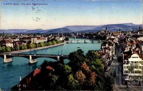 Ak Basel Stadt Schweiz, Panorama, die drei Rheinbrücken