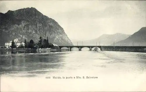 Ak Melide Lago di Lugano Kanton Tessin, Monte S. Salvatore, Brücke, Seeufer