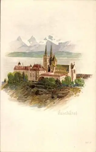 Künstler Ak Neuchâtel Neuenburg Stadt, Schloss, Kirche