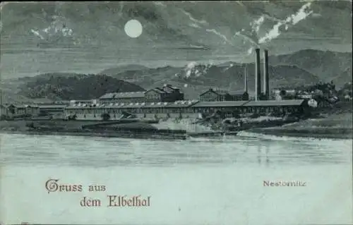 Mondschein Ak Neštěmice Nestomitz Ústí nad Labem Aussig an der Elbe, Gesamtansicht, Fabrik, Elbethal