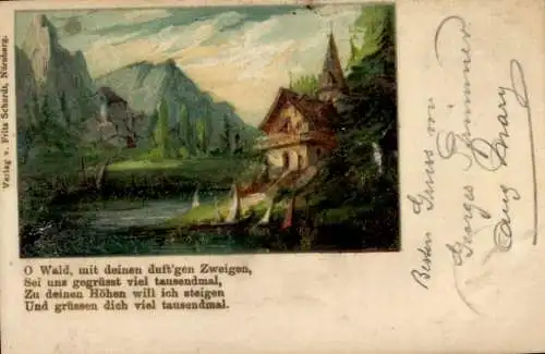 Litho Wohnhaus am Wasser, Berge, O Wald, mit deinen duftigen Zweigen...