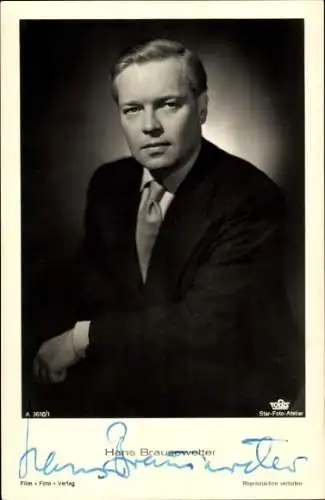 Ak Schauspieler Hans Brausewetter, Portrait, Krawatte, Anzug, Autogramm