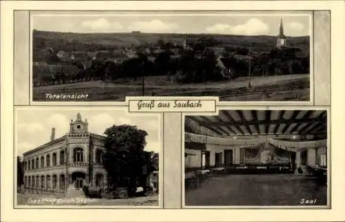 Ak Saubach Finneland im Burgenlandkreis, Gesamtansicht, Gasthof Erich Stahr, Saal