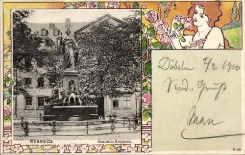 Jugendstil Passepartout Ak Chemnitz in Sachsen, Saxonia-Brunnen
