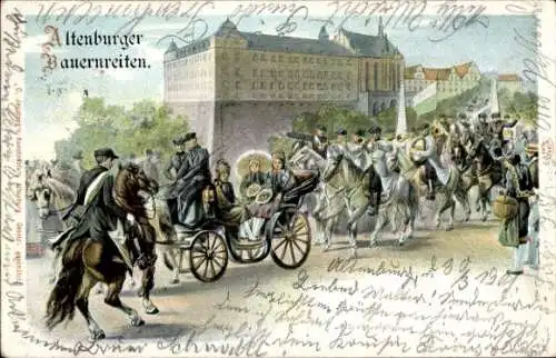 Litho Altenburg in Thüringen, Altenburger Bauernreiten, Reiter, Kutsche