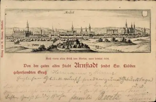 Künstler Ak Merian, Arnstadt in Thüringen, Gesamtansicht 1654