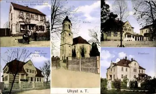 Ak Uhyst am Taucher Burkau in Sachsen, Kirche, Pfarrhaus, Schnittwaren-Geschäft, Sparkasse