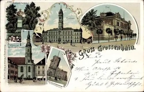 Litho Großenhain in Sachsen, Bismarck-Denkmal, Post, Rathaus, Kirche, Kaiser-Wilhelm-Denkmal