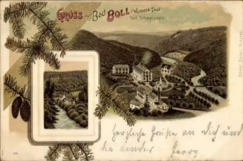 Litho Bad Boll in Württemberg, Gesamtansicht, Tannenzweige, Zapfen