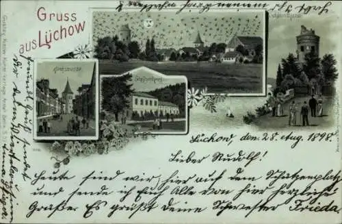 Mondschein Litho Lüchow im Wendland, Kirchstraße, Schützenhaus, Schlossturm