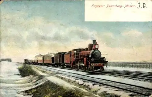 Ak Russland, Expresszug, Strecke Petersburg-Moskau, Dampflokomotive, Bahnstrecke am Wasser