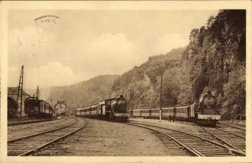 Ak Marche les Dames Wallonien Namur, Belgische Eisenbahn, Lokomotiven Nr 757 und 721