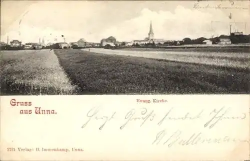 Ak Unna in Westfalen, Panorama, Evangelische Kirche