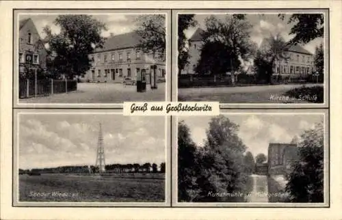 Ak Großstorkwitz Pegau in Sachsen, Kunstmühle, Mühlengraben, Sender Wiederau, Schule, Kirche