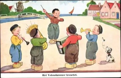 Künstler Ak Wills, John, Volendam Nordholland, Volendamer Quartett, musizierende Jungen