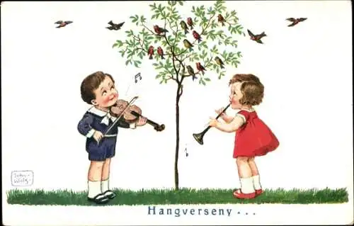 Künstler Ak Wills, John, Kinder mit Geige und Flöte, Vögel im Baum