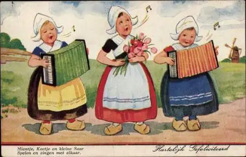 Künstler Ak Wills, John, Mädchen in niederländischer Tracht singen, Akkordeon, Tulpen, Windmühle