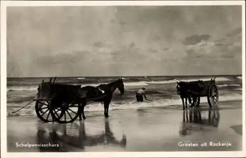 Ak Rockanje Südholland, Muschelfischer am Strand, Fuhrwerke